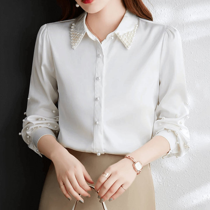 Sophie | Women's Pearl-Embellished Satin Blouse Long Sleeve Button-Up