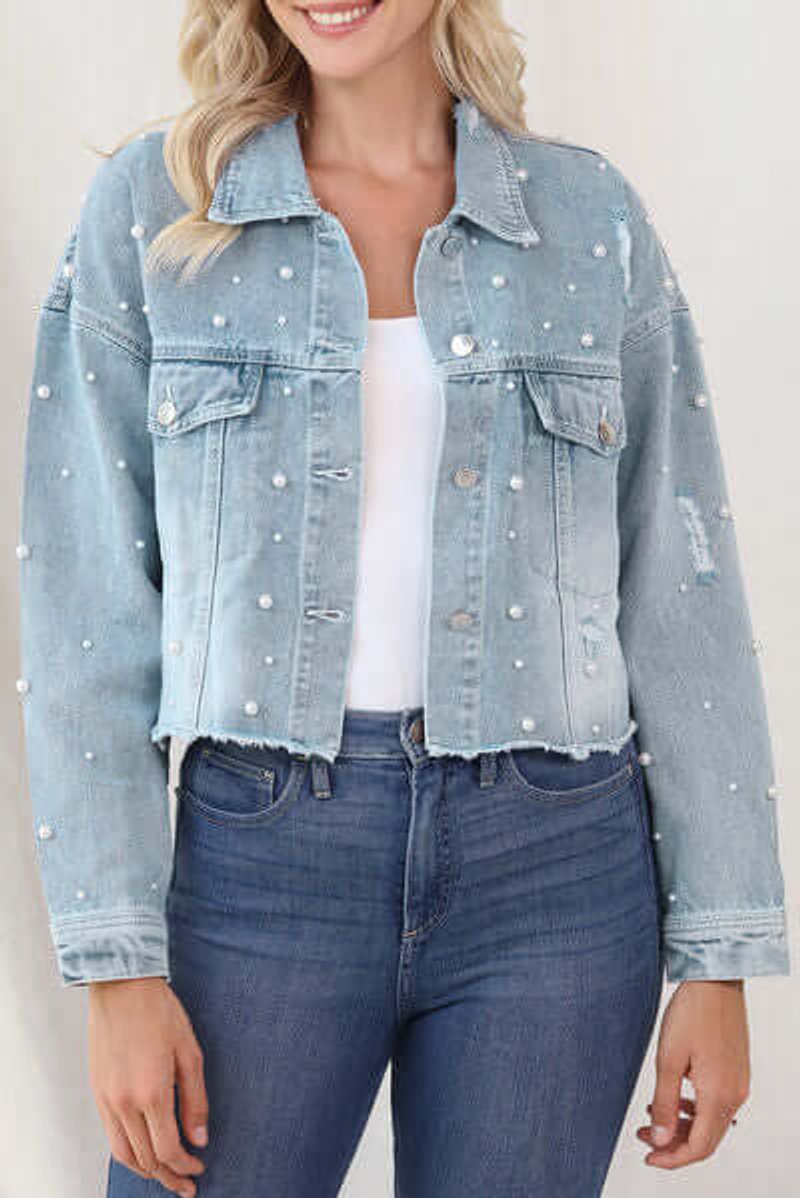 Phoebe | Women's Pearl-Embellished Raw-Hem Denim Jacket Coat