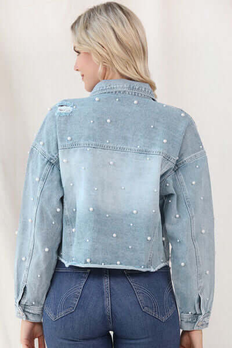 Phoebe | Women's Pearl-Embellished Raw-Hem Denim Jacket Coat
