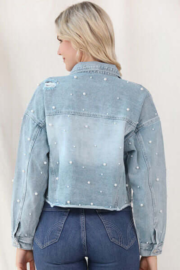 Phoebe | Women's Pearl-Embellished Raw-Hem Denim Jacket Coat