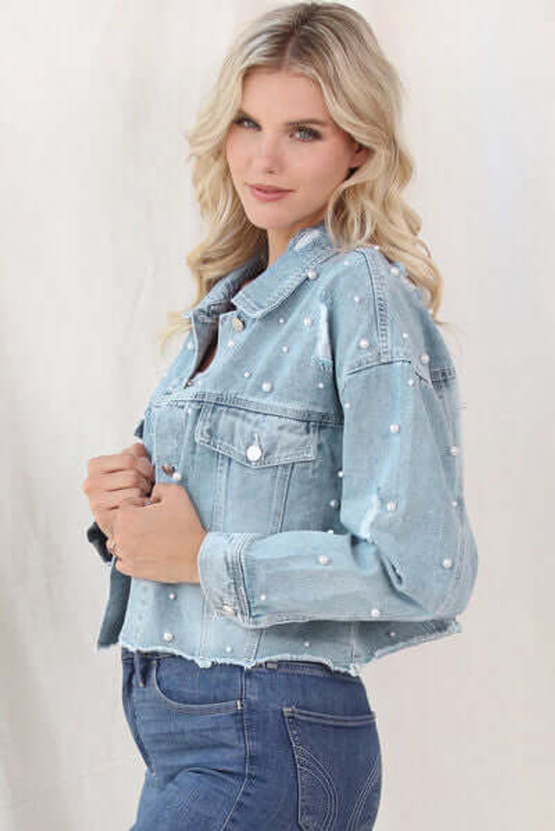 Phoebe | Women's Pearl-Embellished Raw-Hem Denim Jacket Coat