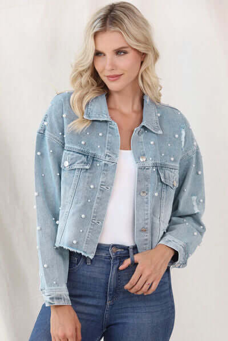 Phoebe | Women's Pearl-Embellished Raw-Hem Denim Jacket Coat