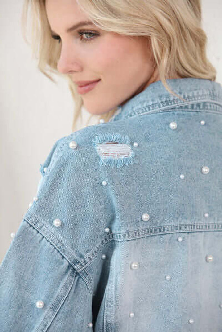 Phoebe | Women's Pearl-Embellished Raw-Hem Denim Jacket Coat