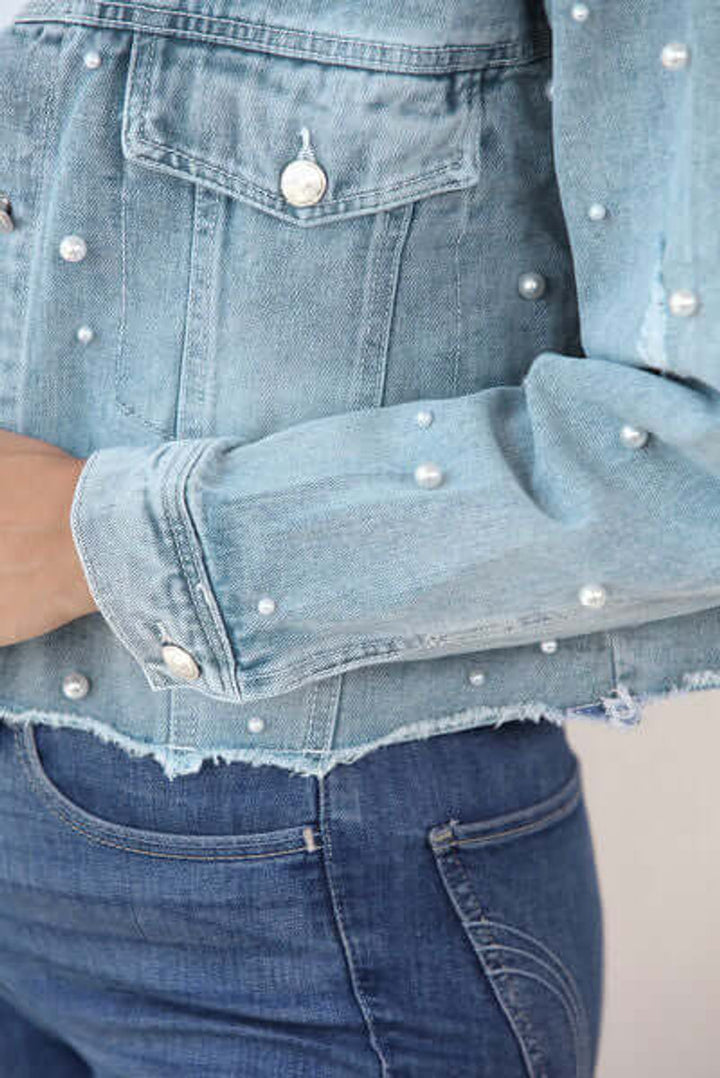 Phoebe | Women's Pearl-Embellished Raw-Hem Denim Jacket Coat