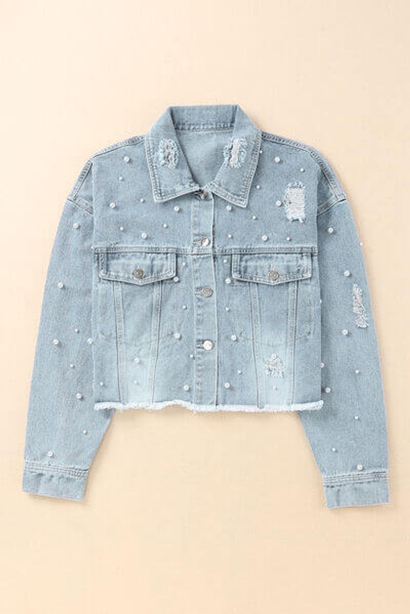 Phoebe | Women's Pearl-Embellished Raw-Hem Denim Jacket Coat