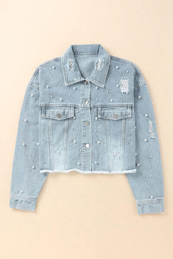 Phoebe | Women's Pearl-Embellished Raw-Hem Denim Jacket Coat