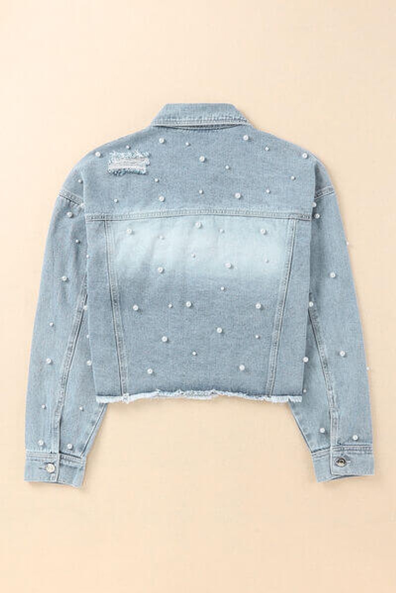 Phoebe | Women's Pearl-Embellished Raw-Hem Denim Jacket Coat
