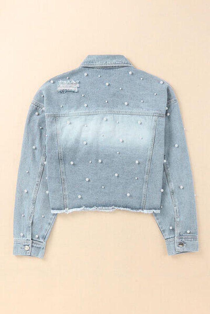 Phoebe | Women's Pearl-Embellished Raw-Hem Denim Jacket Coat