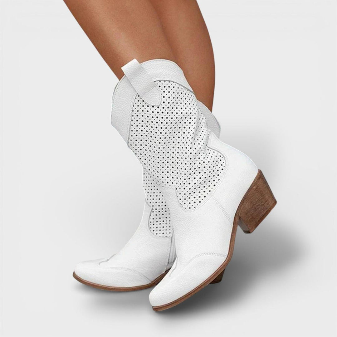 Florence | Women's Perforated Block-Heel Cowboy Boots Side Zip Mid-Calf