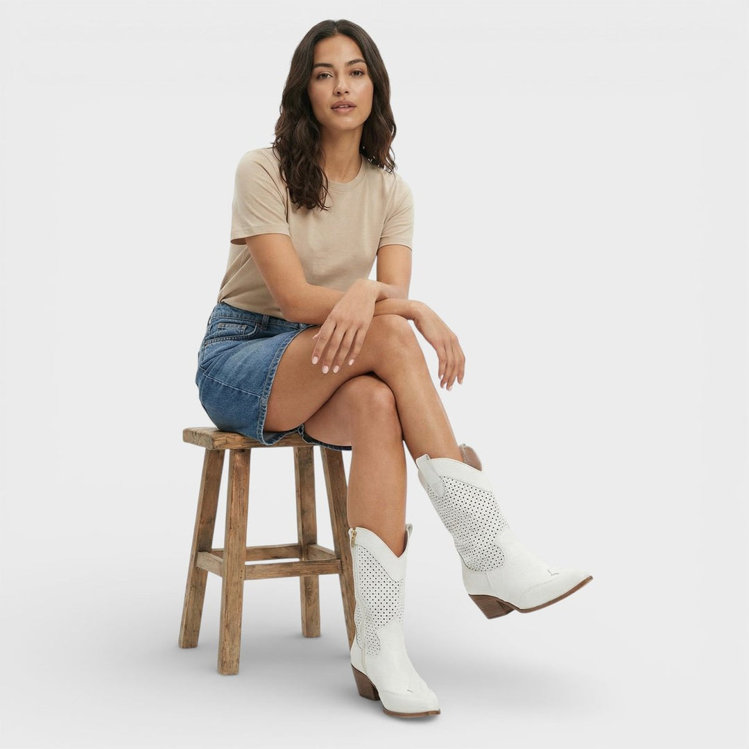 Florence | Women's Perforated Block-Heel Cowboy Boots Side Zip Mid-Calf