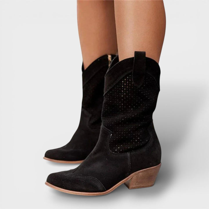 Florence | Women's Perforated Block-Heel Cowboy Boots Side Zip Mid-Calf