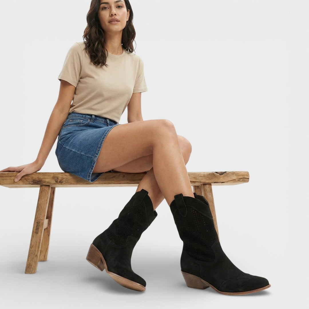 Florence | Women's Perforated Block-Heel Cowboy Boots Side Zip Mid-Calf