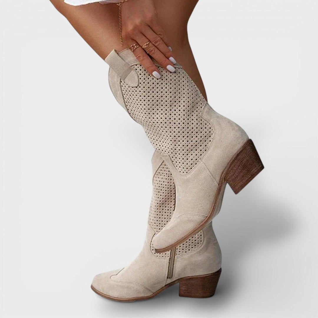 Florence | Women's Perforated Block-Heel Cowboy Boots Side Zip Mid-Calf