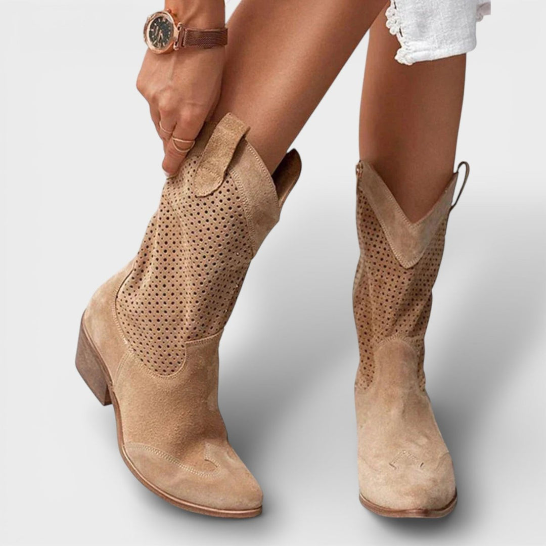 Florence | Women's Perforated Block-Heel Cowboy Boots Side Zip Mid-Calf