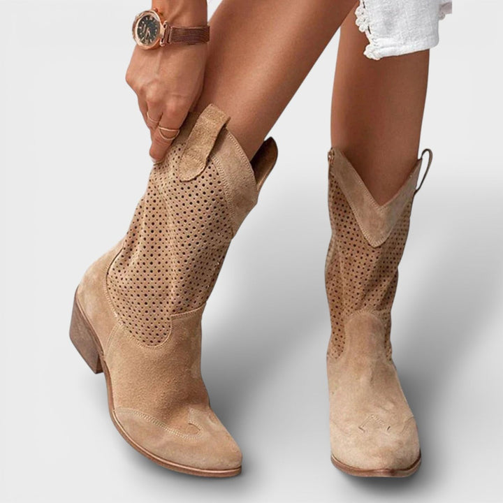 Florence | Women's Perforated Block-Heel Cowboy Boots Side Zip Mid-Calf