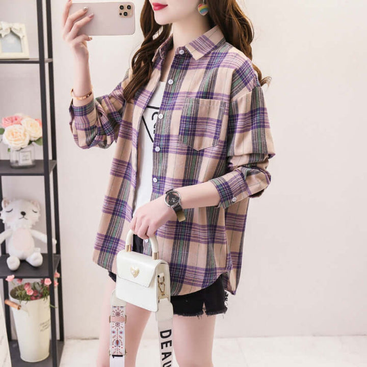 Willow | Women's Oversized Plaid Shirt Button-Up Long Sleeve Chest Pocket