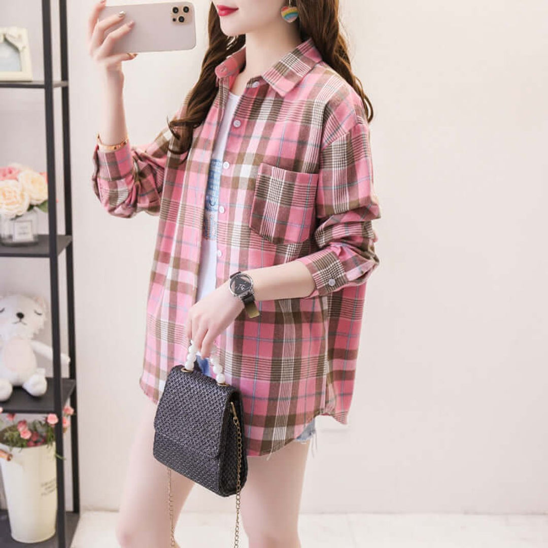 Willow | Women's Oversized Plaid Shirt Button-Up Long Sleeve Chest Pocket