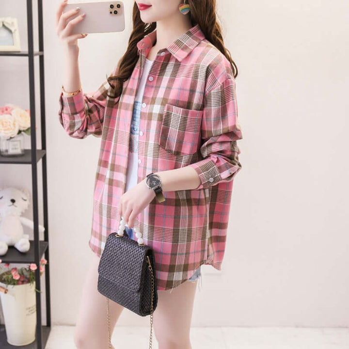 Willow | Women's Oversized Plaid Shirt Button-Up Long Sleeve Chest Pocket