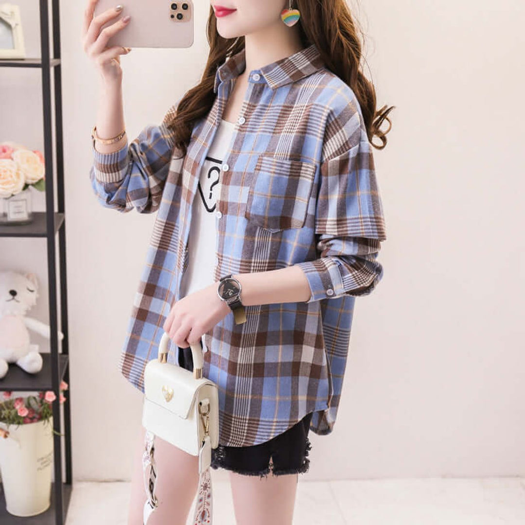 Willow | Women's Oversized Plaid Shirt Button-Up Long Sleeve Chest Pocket
