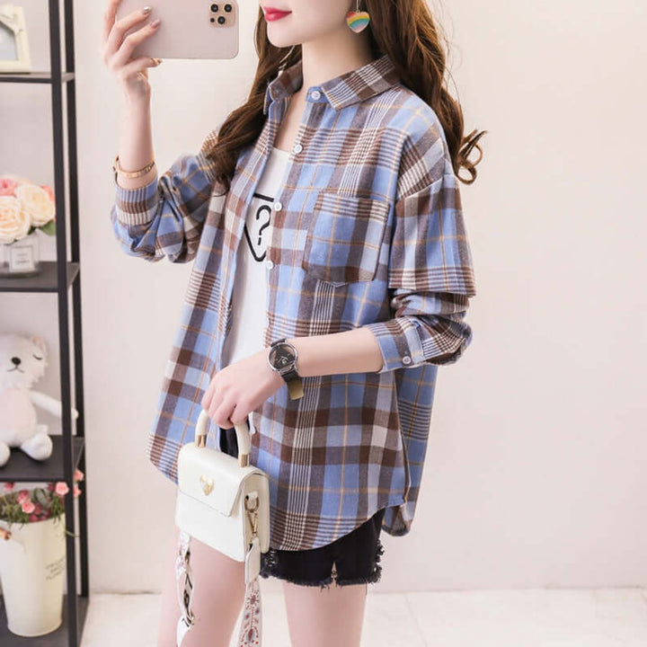 Willow | Women's Oversized Plaid Shirt Button-Up Long Sleeve Chest Pocket