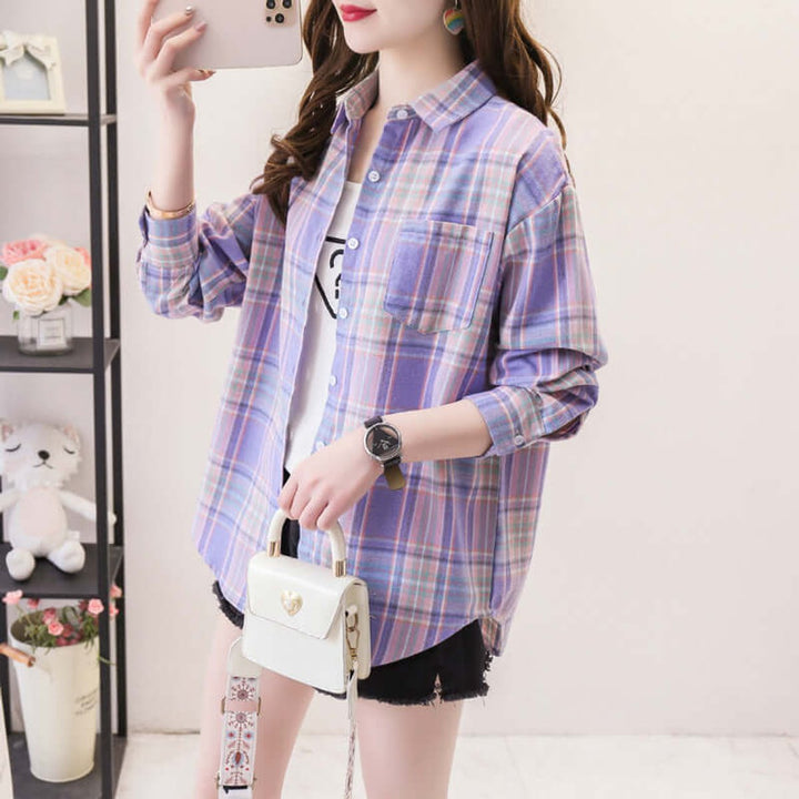 Willow | Women's Oversized Plaid Shirt Button-Up Long Sleeve Chest Pocket