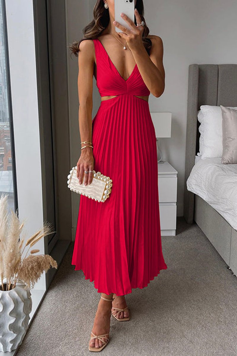 Freya | Women's Pleated Midi Party Dress V-Neck Side Cutout Waist