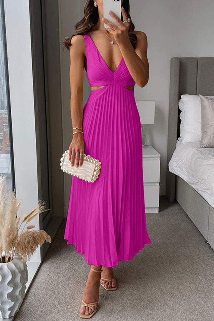Freya | Women's Pleated Midi Party Dress V-Neck Side Cutout Waist