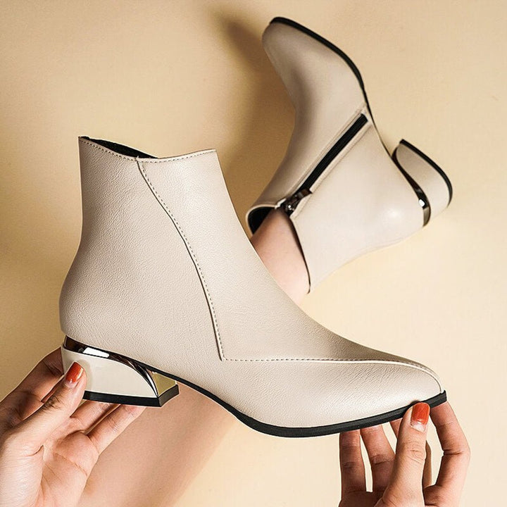 Rosie | Women's Pointed-Toe Block-Heel Ankle Boots Side-Zip Metallic Heel
