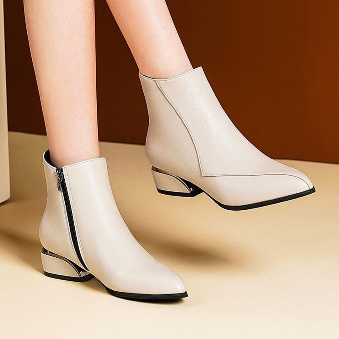 Rosie | Women's Pointed-Toe Block-Heel Ankle Boots Side-Zip Metallic Heel