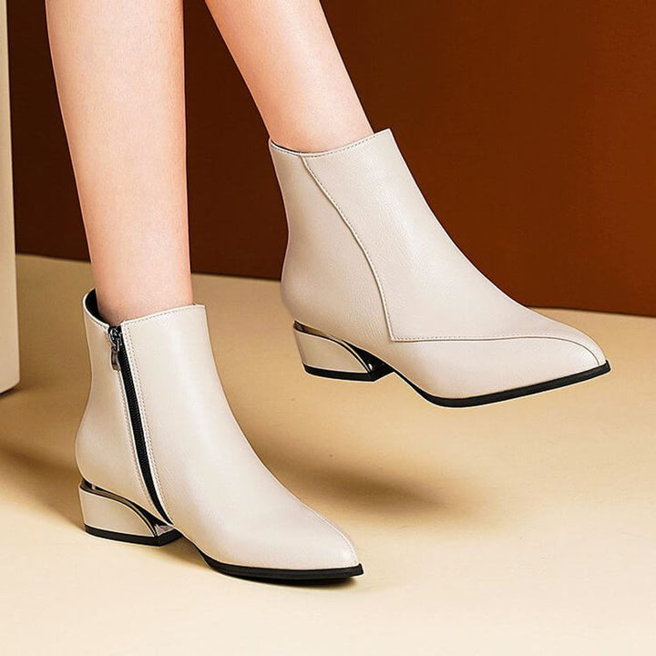 Rosie | Women's Pointed-Toe Block-Heel Ankle Boots Side-Zip Metallic Heel