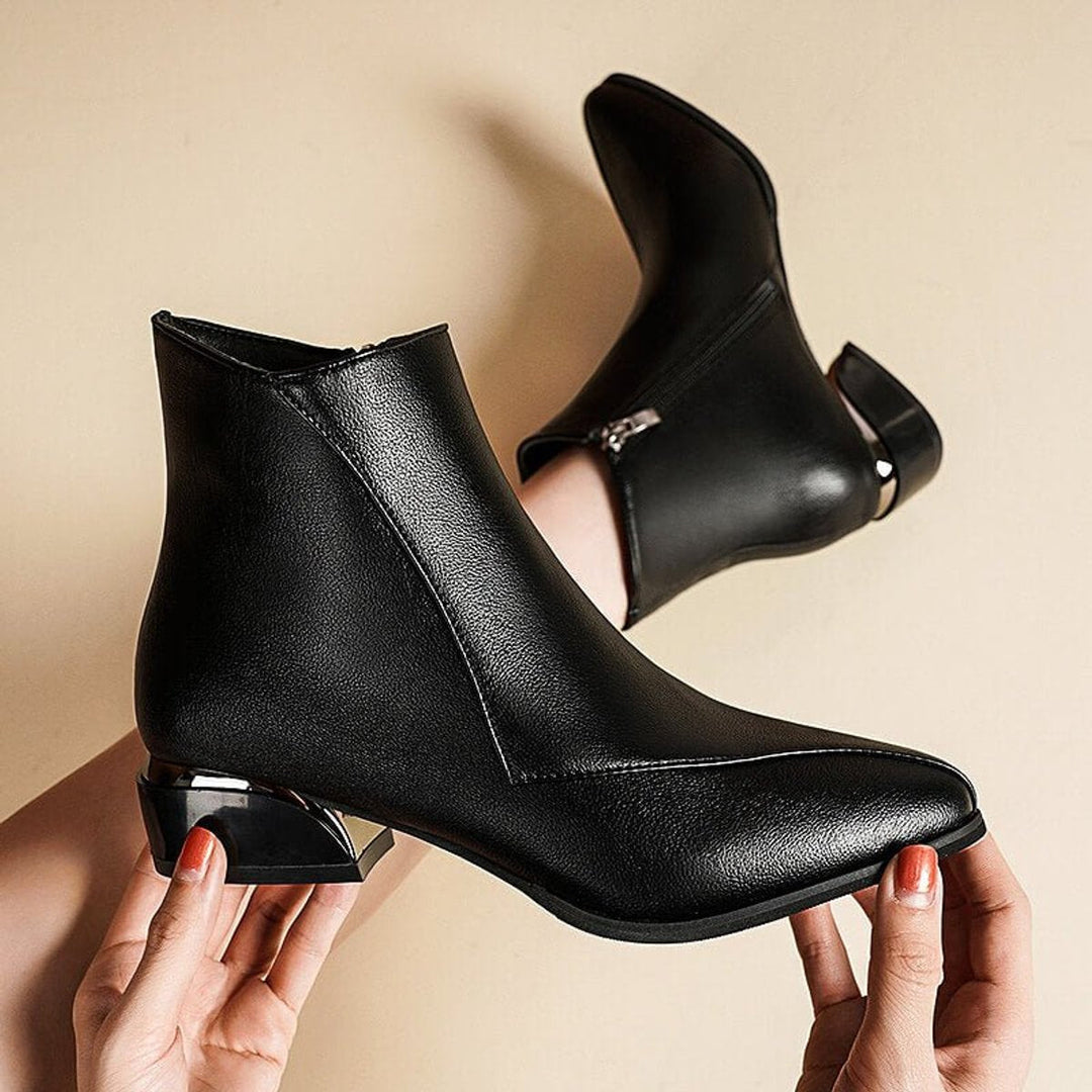 Rosie | Women's Pointed-Toe Block-Heel Ankle Boots Side-Zip Metallic Heel