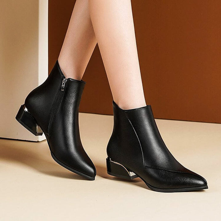 Rosie | Women's Pointed-Toe Block-Heel Ankle Boots Side-Zip Metallic Heel