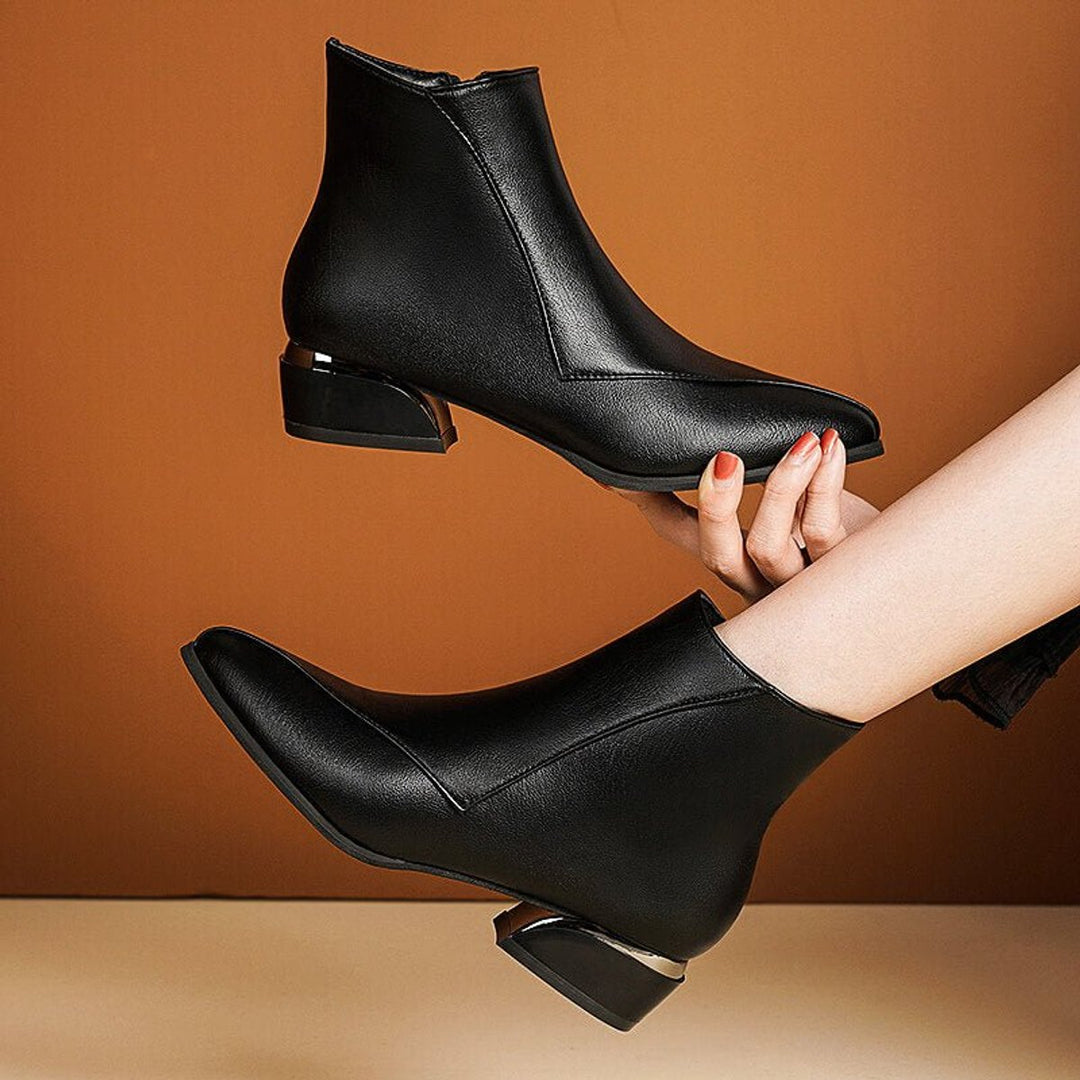 Rosie | Women's Pointed-Toe Block-Heel Ankle Boots Side-Zip Metallic Heel