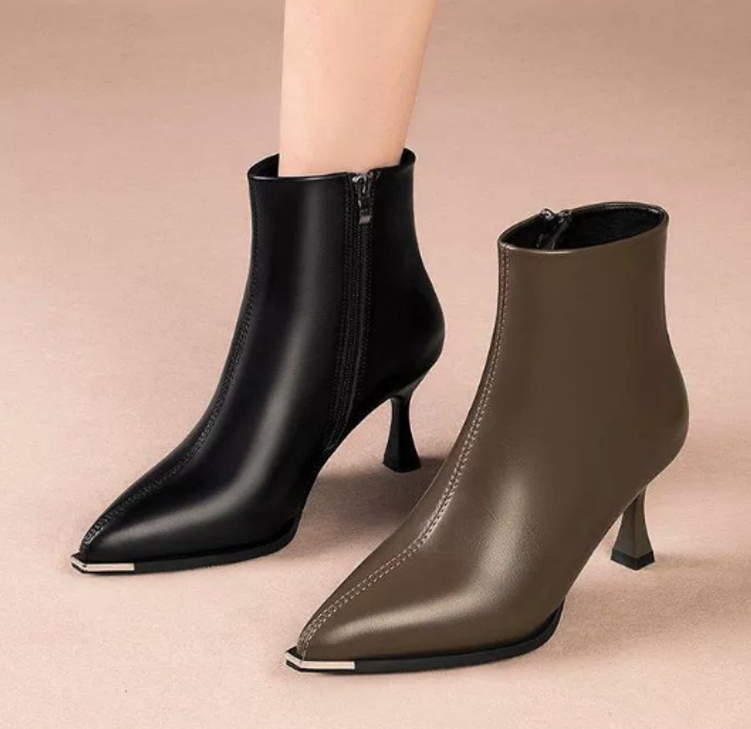 Rosie | Women's Pointed-Toe Kitten Heel Leather Ankle Boots