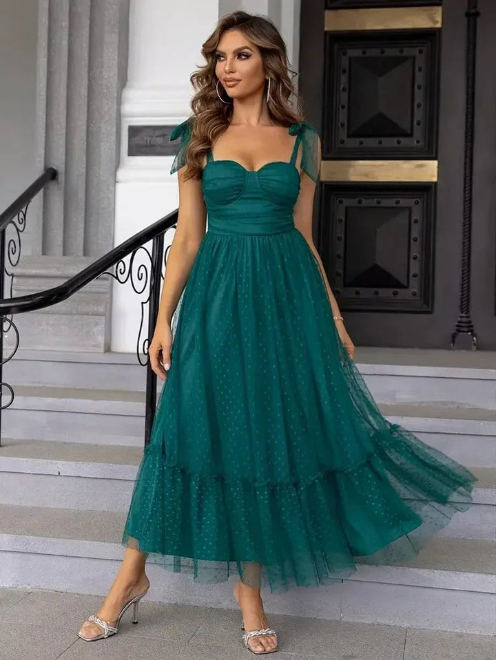 Aria | Women's Polka Dot Mesh Tie-Shoulder Christmas Party Midi Dress
