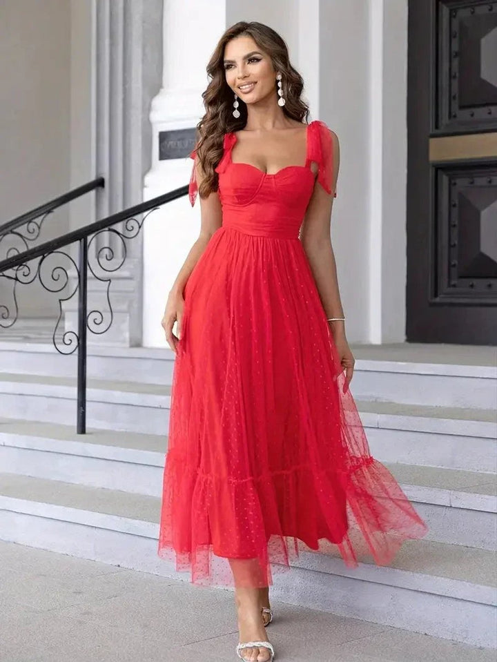 Aria | Women's Polka Dot Mesh Tie-Shoulder Christmas Party Midi Dress