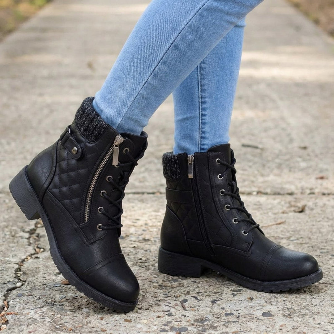 Aria | Women's Quilted Lace-Up Heeled Leather Ankle Boots Side Zip