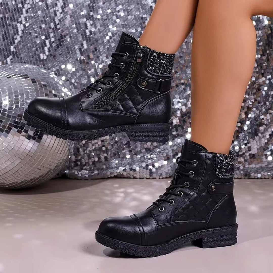Aria | Women's Quilted Lace-Up Heeled Leather Ankle Boots Side Zip