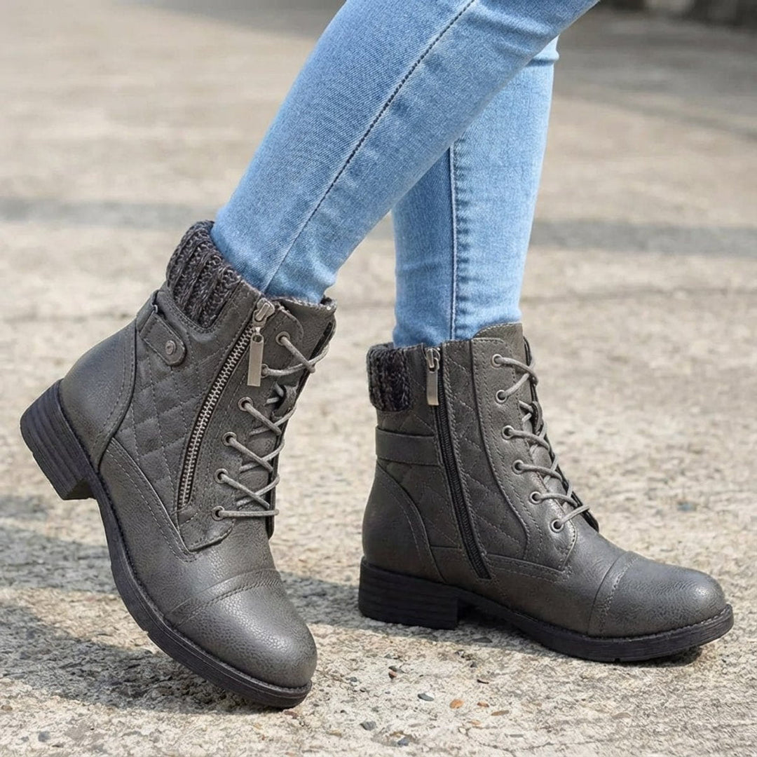 Aria | Women's Quilted Lace-Up Heeled Leather Ankle Boots Side Zip