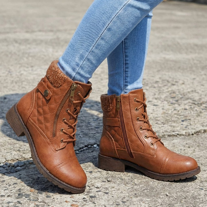 Mia | Women's Quilted Leather Ankle Boots Block Heel Side Zip