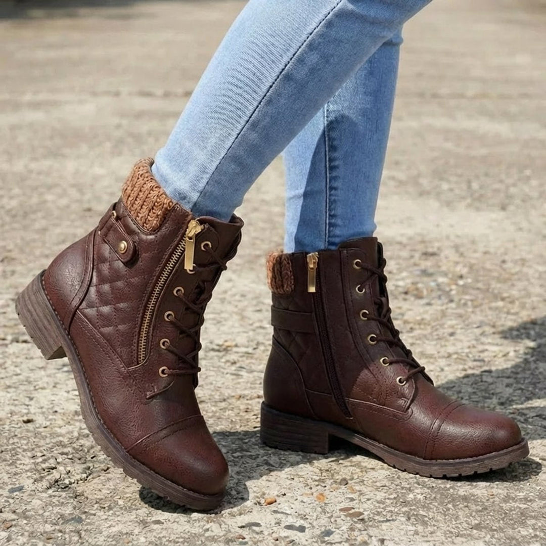Mia | Women's Quilted Leather Ankle Boots Block Heel Side Zip