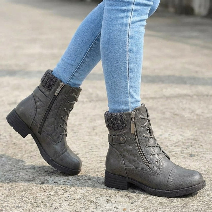 Mia | Women's Quilted Leather Ankle Boots Block Heel Side Zip