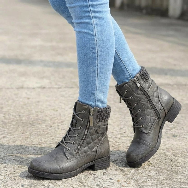 Mia | Women's Quilted Leather Ankle Boots Block Heel Side Zip