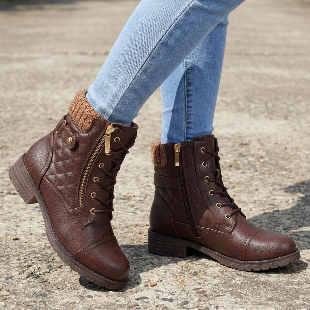 Willow | Women's Quilted Leather Ankle Boots Block Heel Side Zip