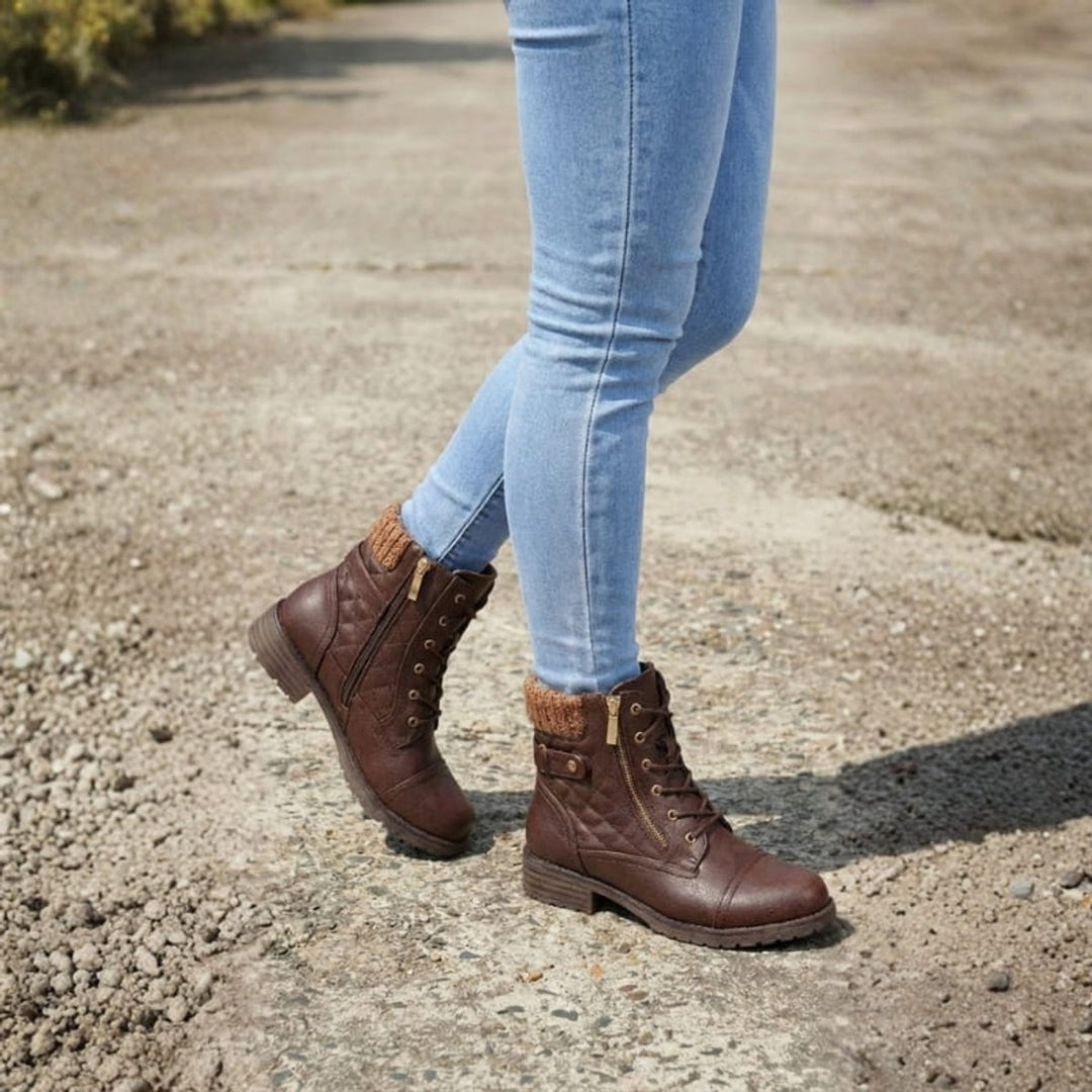 Mia | Women's Quilted Leather Ankle Boots Block Heel Side Zip