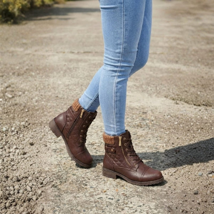 Mia | Women's Quilted Leather Ankle Boots Block Heel Side Zip