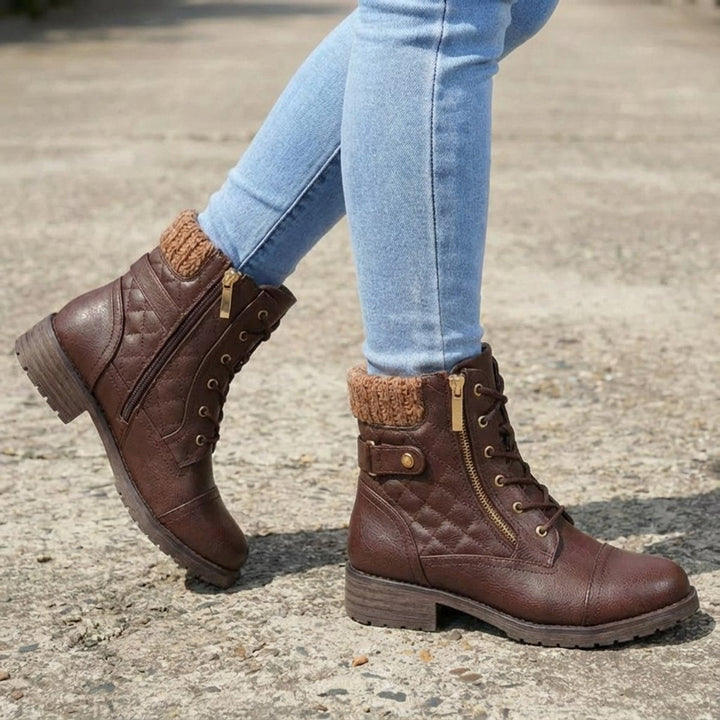 Mia | Women's Quilted Leather Ankle Boots Block Heel Side Zip
