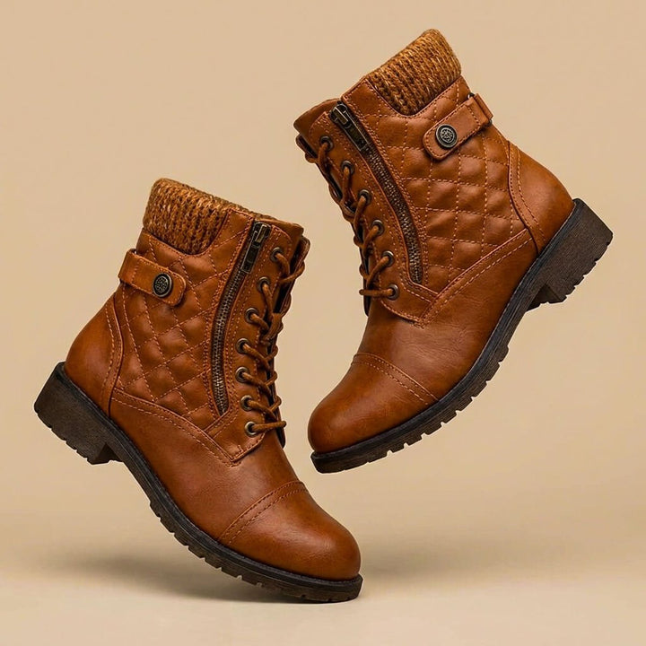 Ella | Women's Quilted Leather-Look Lace-Up Ankle Boots Block Heel