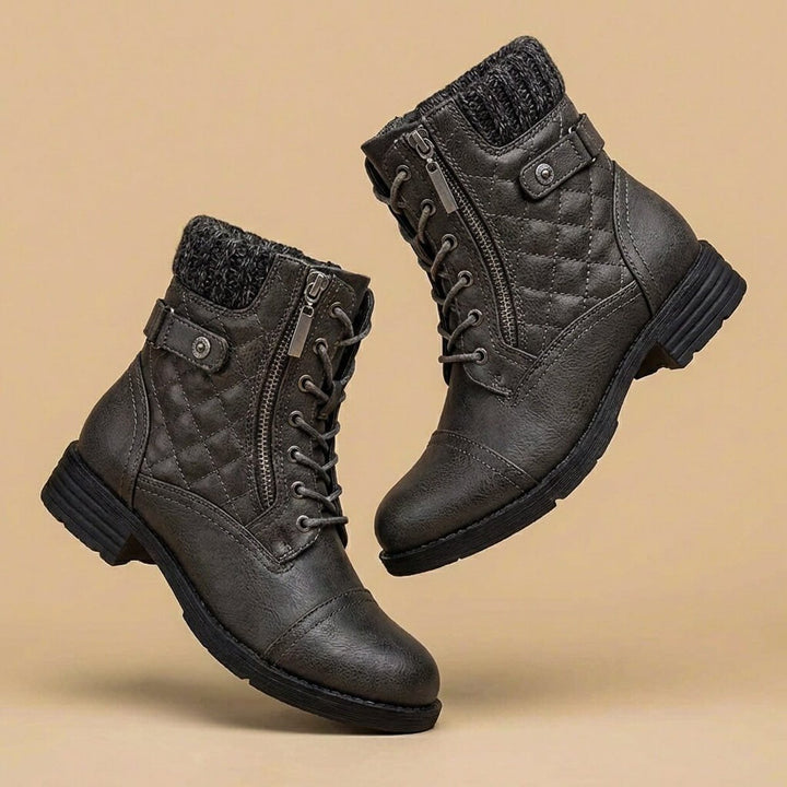 Ella | Women's Quilted Leather-Look Lace-Up Ankle Boots Block Heel