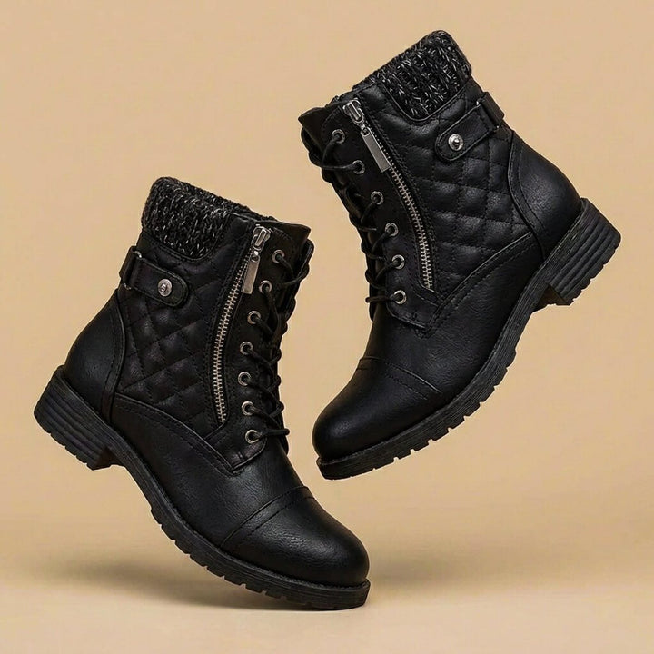Ella | Women's Quilted Leather-Look Lace-Up Ankle Boots Block Heel